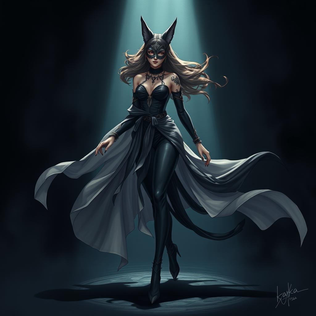 A striking fantasy illustration of Kaxka, a feminine figure who emerges from the darkness with a commanding allure