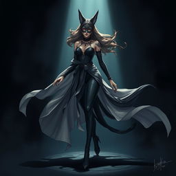 A striking fantasy illustration of Kaxka, a feminine figure who emerges from the darkness with a commanding allure