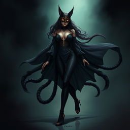 A striking fantasy illustration of Kaxka, a feminine figure who emerges from the darkness with a commanding allure