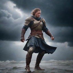 A brave and battle-hardened warrior stepping resolutely into a storm, rain and wind battering his armor. Dark clouds swirl overhead while he remains determined, ready to face whatever lies ahead.