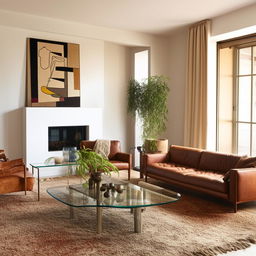 A modern living room filled with natural light, leather sofas, a glass coffee table, vintage rugs, and potted indoor plants. The walls showcase abstract art. A fireplace in the corner adds warmth to the already cozy environment.