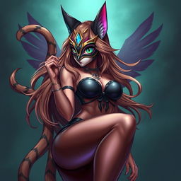 A vibrant fantasy illustration of Kaxka, a captivating goddess with a mask showcasing a single cyclopoid eye that obscures her face, her feline ears twitching playfully above her head