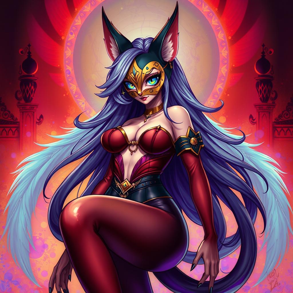 A vibrant fantasy illustration of Kaxka, a captivating goddess with a mask showcasing a single cyclopoid eye that obscures her face, her feline ears twitching playfully above her head