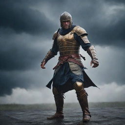 A brave and battle-hardened warrior stepping resolutely into a storm, rain and wind battering his armor. Dark clouds swirl overhead while he remains determined, ready to face whatever lies ahead.