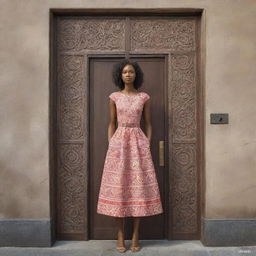 An anthropomorphized door in a stylish dress with detailed patterns and textures.