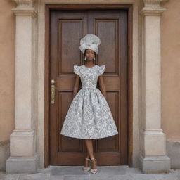 An anthropomorphized door in a stylish dress with detailed patterns and textures.