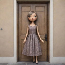 An anthropomorphized door in a stylish dress with detailed patterns and textures.