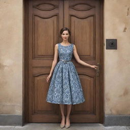 An anthropomorphized door in a stylish dress with detailed patterns and textures.