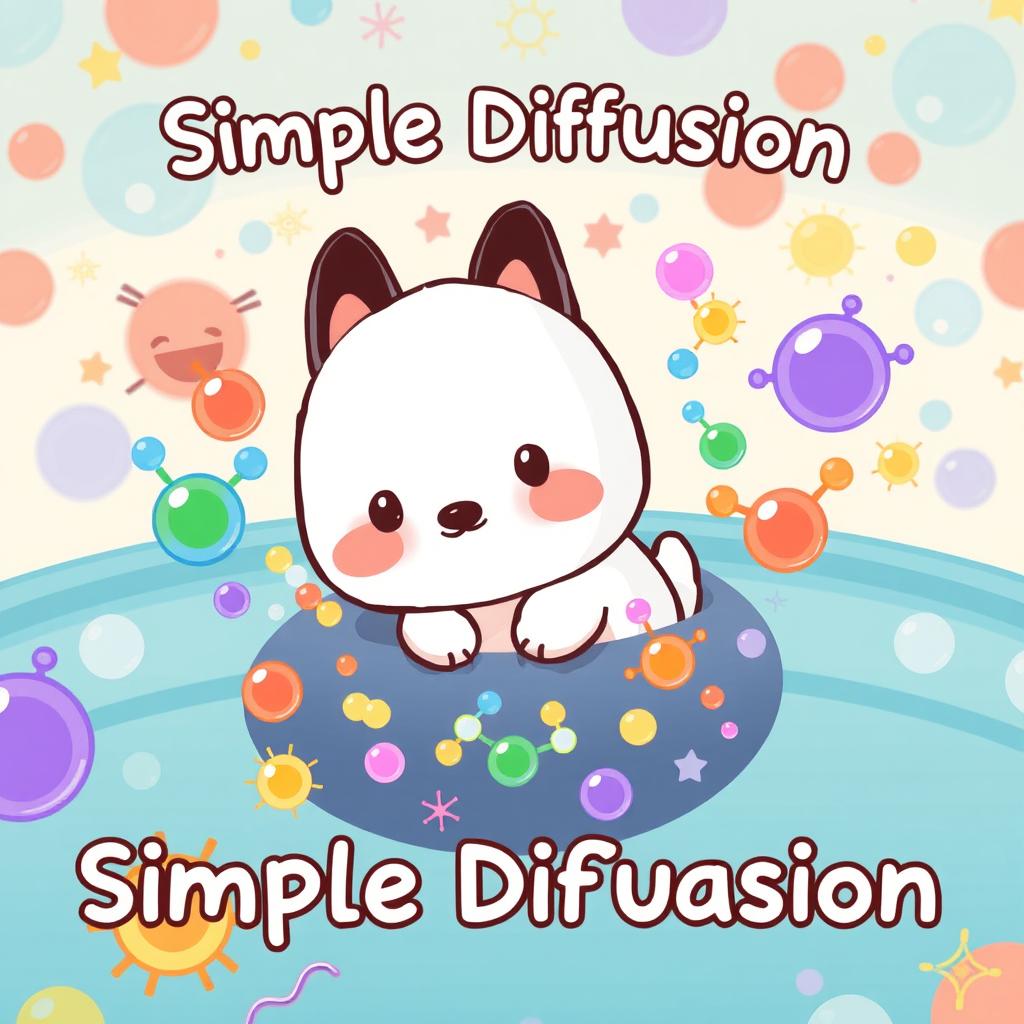 A playful and educational illustration depicting simple diffusion featuring Pochacco from Sanrio