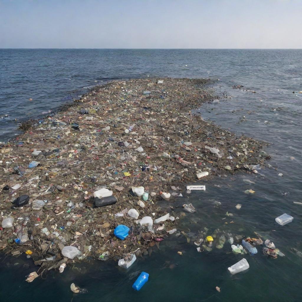 A vast sea polluted with various kinds of trash floating on the surface, capturing the grim reality of ocean pollution.