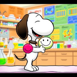 Snoopy, the beloved beagle from the Peanuts comic strip, cheerfully greeting a colorful phospholipid molecule with a smiling face