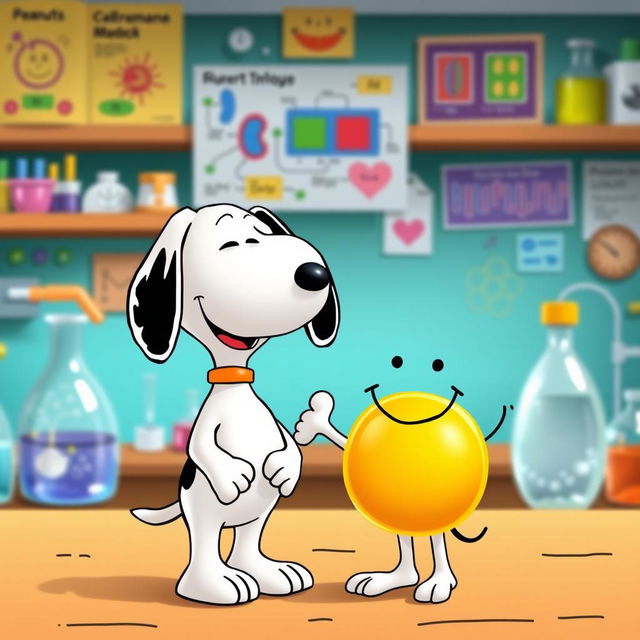 Snoopy, the beloved beagle from the Peanuts comic strip, cheerfully greeting a colorful phospholipid molecule with a smiling face