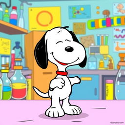 Snoopy, the beloved beagle from the Peanuts comic strip, cheerfully greeting a colorful phospholipid molecule with a smiling face