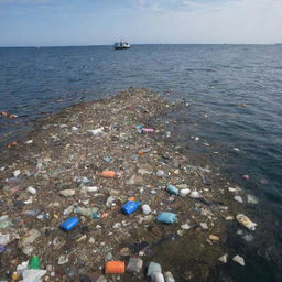 A vast sea polluted with various kinds of trash floating on the surface, capturing the grim reality of ocean pollution.