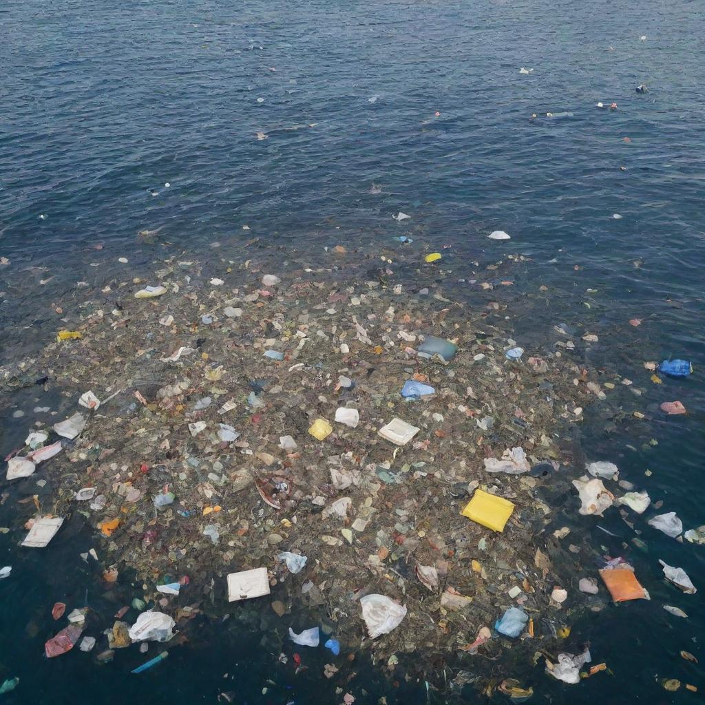 A vast sea polluted with various kinds of trash floating on the surface, capturing the grim reality of ocean pollution.