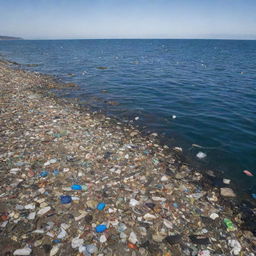 A vast sea polluted with various kinds of trash floating on the surface, capturing the grim reality of ocean pollution.