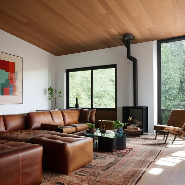 A modern living room filled with natural light, leather sofas, a glass coffee table, vintage rugs, and potted indoor plants. The walls showcase abstract art. A fireplace in the corner adds warmth to the already cozy environment.