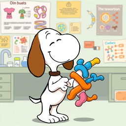 Snoopy, the beloved beagle from the Peanuts comic strip, joyfully greeting a cartoonish representation of a protein molecule