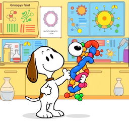 Snoopy, the beloved beagle from the Peanuts comic strip, joyfully greeting a cartoonish representation of a protein molecule