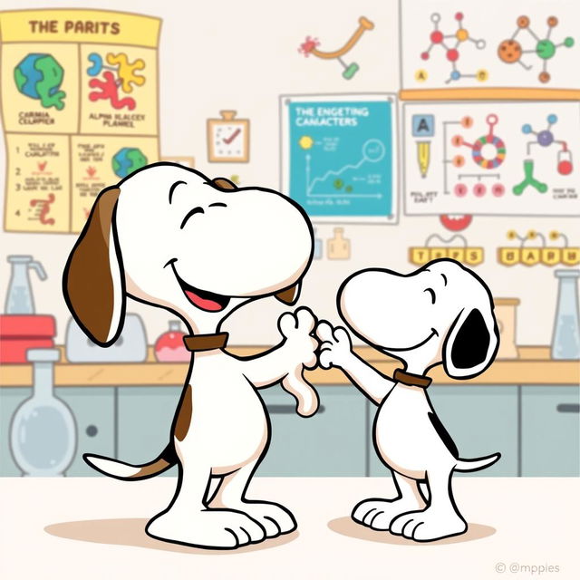 Snoopy, the beloved beagle from the Peanuts comic strip, joyfully greeting a cartoonish representation of a protein molecule