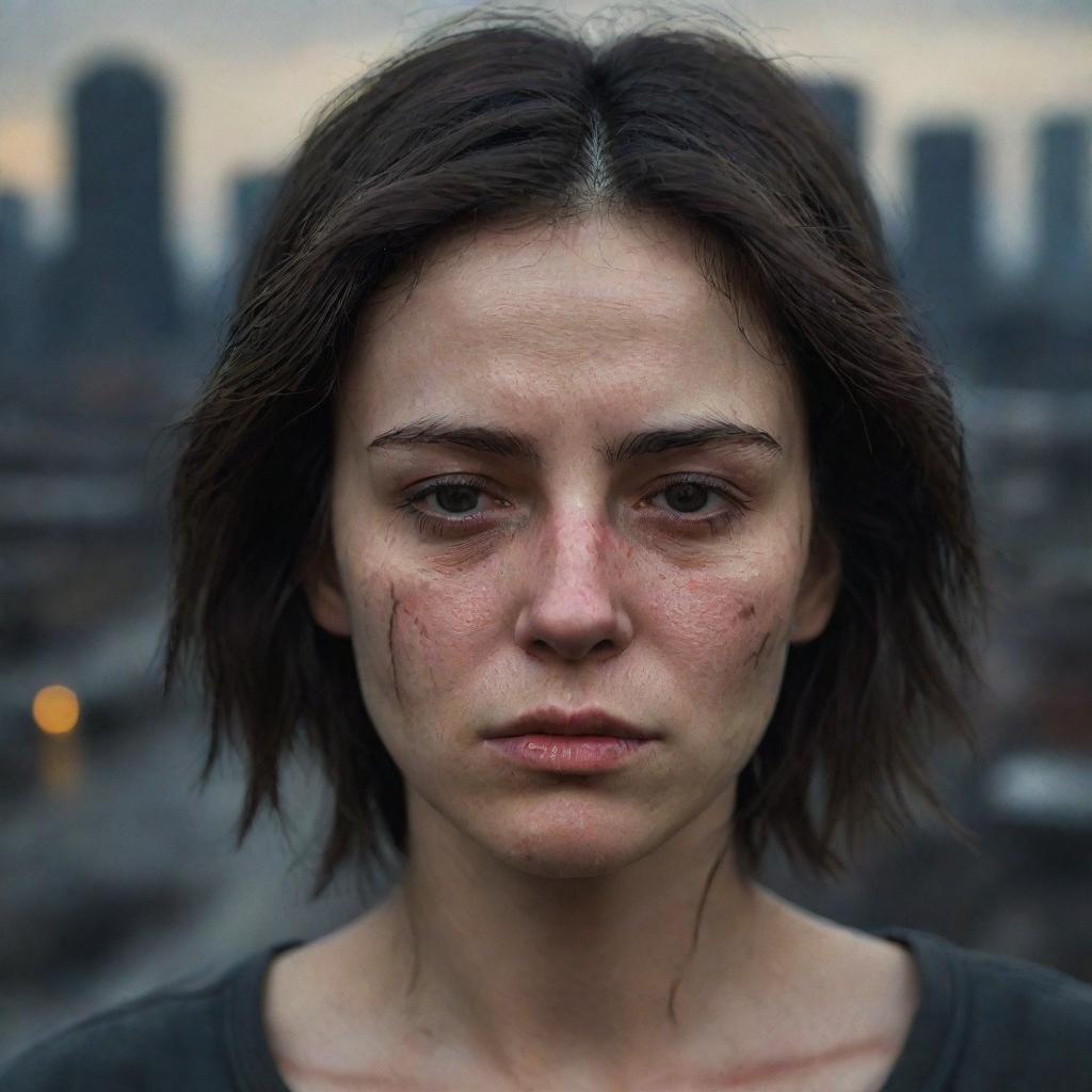 Generate a 16k high-resolution, highly detailed, photo-realistic image of a sorrowful 23 year old woman with dark, unkempt hair. She has symmetrical facial features, her eyes closed, tears on her eyelashes, tear tracks and dirt on her face. The background is a war-ravaged cityscape, portrayed in low light, reminiscent of James Nachtwey's photographic style.