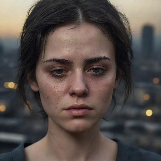 Generate a 16k high-resolution, highly detailed, photo-realistic image of a sorrowful 23 year old woman with dark, unkempt hair. She has symmetrical facial features, her eyes closed, tears on her eyelashes, tear tracks and dirt on her face. The background is a war-ravaged cityscape, portrayed in low light, reminiscent of James Nachtwey's photographic style.