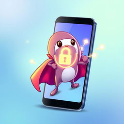 A digital artwork depicting a sleek and modern smartphone with a cartoonish character named Snopy, resembling a playful guardian, actively protecting the screen