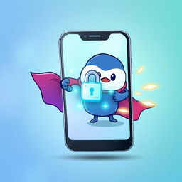 A digital artwork depicting a sleek and modern smartphone with a cartoonish character named Snopy, resembling a playful guardian, actively protecting the screen