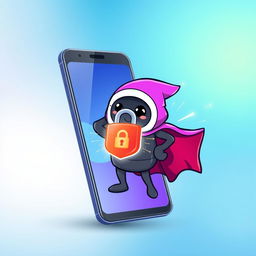 A digital artwork depicting a sleek and modern smartphone with a cartoonish character named Snopy, resembling a playful guardian, actively protecting the screen