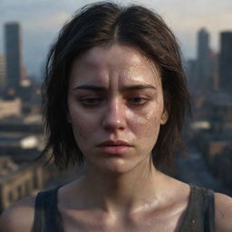 Generate a 16k high-resolution, highly detailed, photo-realistic image of a sorrowful 23 year old woman with dark, unkempt hair. She has symmetrical facial features, her eyes closed, tears on her eyelashes, tear tracks and dirt on her face. The background is a war-ravaged cityscape, portrayed in low light, reminiscent of James Nachtwey's photographic style.