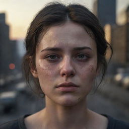 Generate a 16k high-resolution, highly detailed, photo-realistic image of a sorrowful 23 year old woman with dark, unkempt hair. She has symmetrical facial features, her eyes closed, tears on her eyelashes, tear tracks and dirt on her face. The background is a war-ravaged cityscape, portrayed in low light, reminiscent of James Nachtwey's photographic style.