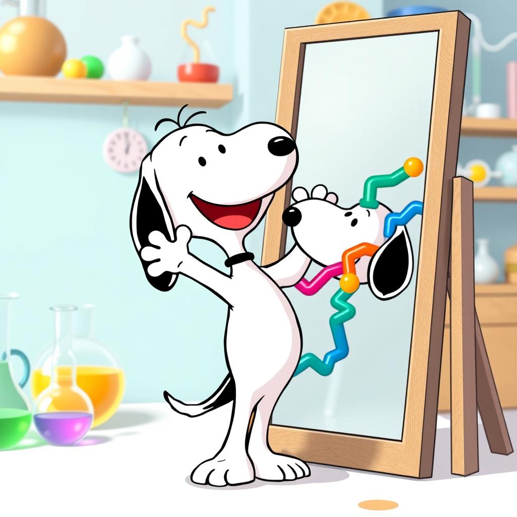 Snoopy, the iconic beagle from the Peanuts comic strip, happily greeting himself as a cartoonish representation of a protein molecule