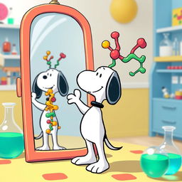 Snoopy, the iconic beagle from the Peanuts comic strip, happily greeting himself as a cartoonish representation of a protein molecule