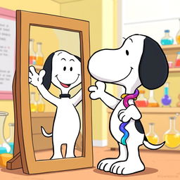 Snoopy, the iconic beagle from the Peanuts comic strip, happily greeting himself as a cartoonish representation of a protein molecule