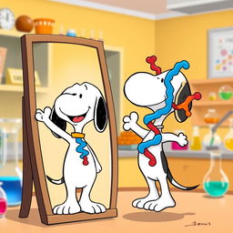 Snoopy, the iconic beagle from the Peanuts comic strip, happily greeting himself as a cartoonish representation of a protein molecule