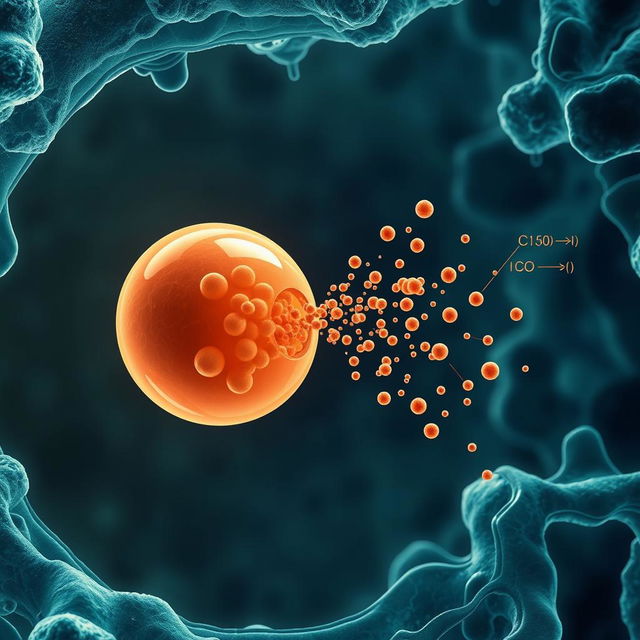 A highly detailed illustration of a cell viewed under an electron microscope, showcasing the process of exocytosis