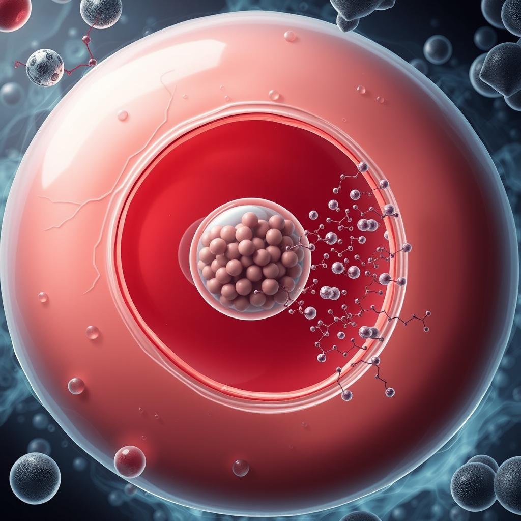 A highly detailed illustration of a cell viewed under an electron microscope, showcasing the process of exocytosis