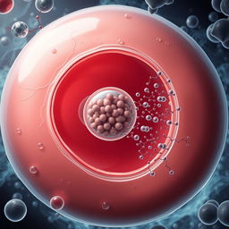 A highly detailed illustration of a cell viewed under an electron microscope, showcasing the process of exocytosis