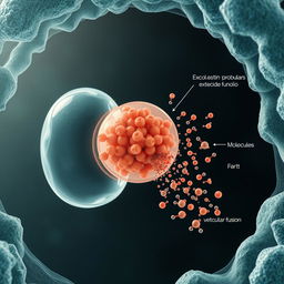 A highly detailed illustration of a cell viewed under an electron microscope, showcasing the process of exocytosis