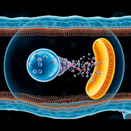 A highly detailed illustration of a cell viewed under an electron microscope, showcasing the process of exocytosis