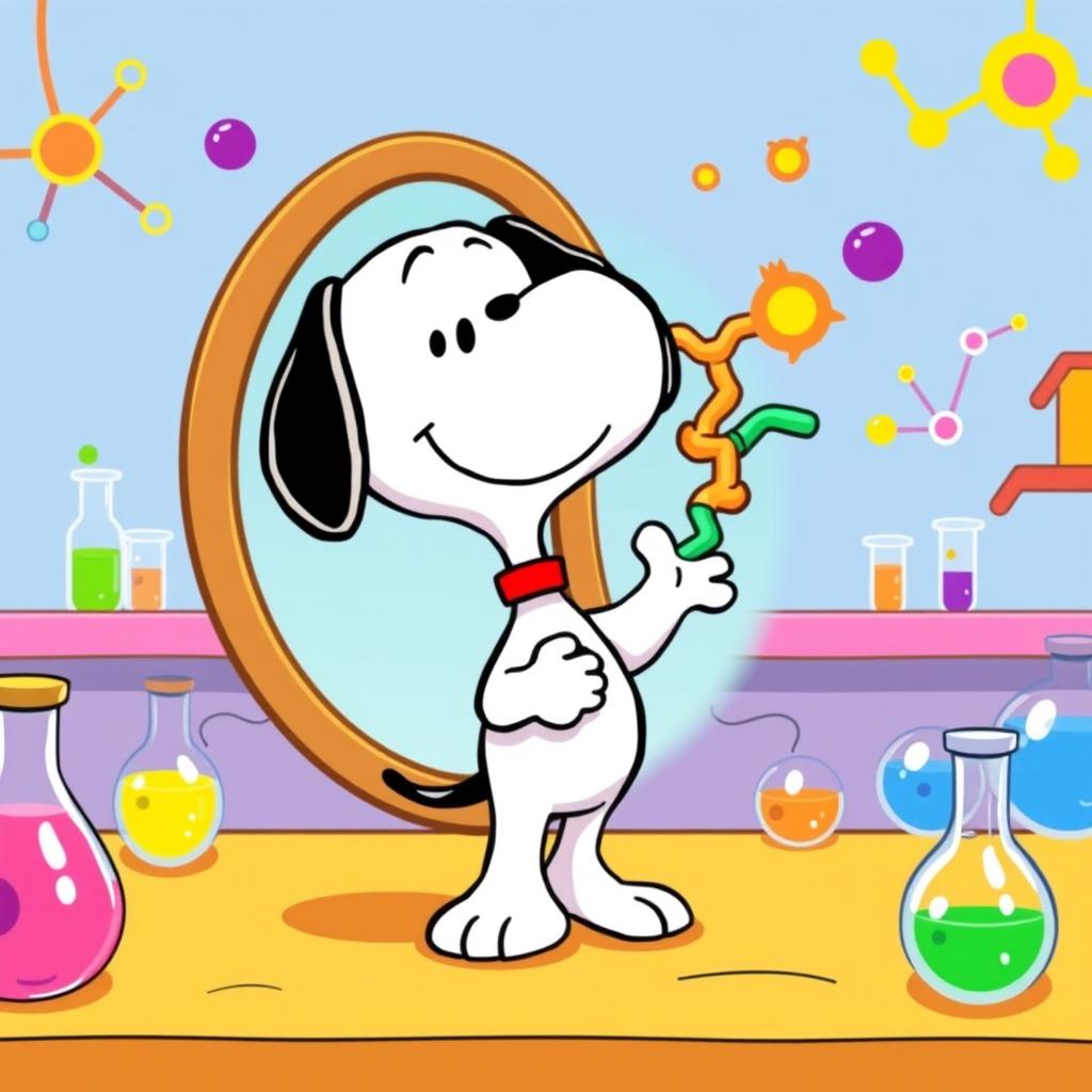 Snoopy, the iconic beagle from the Peanuts comic strip, happily greeting himself in a fun, cartoonish way as a colorful protein molecule