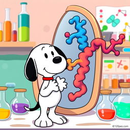 Snoopy, the iconic beagle from the Peanuts comic strip, happily greeting himself in a fun, cartoonish way as a colorful protein molecule