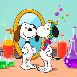 Snoopy, the iconic beagle from the Peanuts comic strip, happily greeting himself in a fun, cartoonish way as a colorful protein molecule