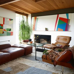 A modern living room filled with natural light, leather sofas, a glass coffee table, vintage rugs, and potted indoor plants. The walls showcase abstract art. A fireplace in the corner adds warmth to the already cozy environment.