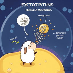 A humorous illustration of a cartoon-style scene combining a scientific depiction of a cell viewed under an electron microscope with a playful character from the animated series Shaun the Sheep