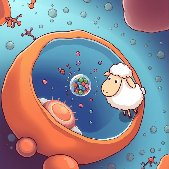 A humorous illustration of a cartoon-style scene combining a scientific depiction of a cell viewed under an electron microscope with a playful character from the animated series Shaun the Sheep