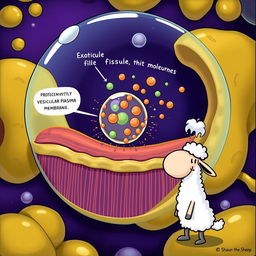 A humorous illustration of a cartoon-style scene combining a scientific depiction of a cell viewed under an electron microscope with a playful character from the animated series Shaun the Sheep