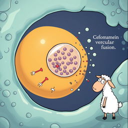 A humorous illustration of a cartoon-style scene combining a scientific depiction of a cell viewed under an electron microscope with a playful character from the animated series Shaun the Sheep