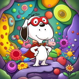 Snoopy, the iconic beagle from the Peanuts comic strip, depicted as a superhero, protectively standing guard over a vibrant, colorful representation of cellular contents