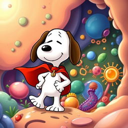 Snoopy, the iconic beagle from the Peanuts comic strip, depicted as a superhero, protectively standing guard over a vibrant, colorful representation of cellular contents